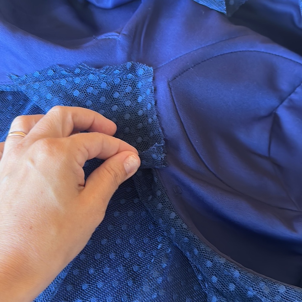 🛍️SALE🛍️ Venvienna Polka Dot Navy Blue Lace Midi Dress with Ruffles Details - Picture 7 of 11